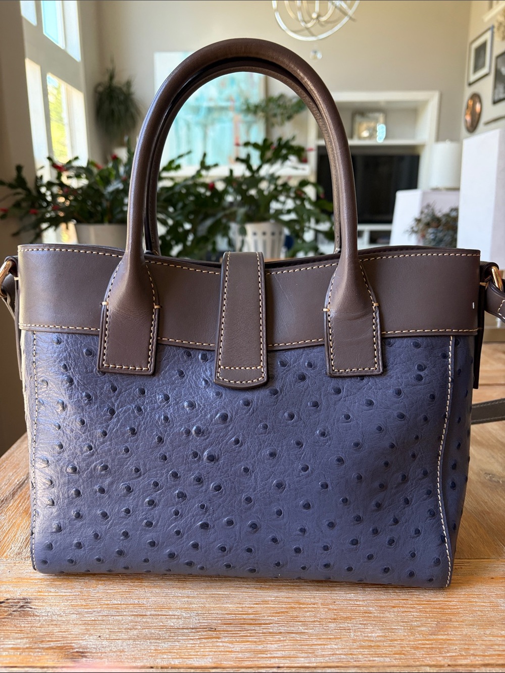 Rare Dooney & Bourke Navy and Gray Ostrich-Embossed Leather Satchel - Picture 3 of 4